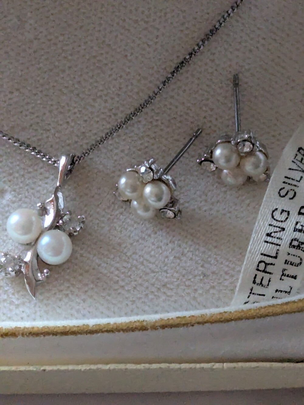 Sterling Silver Pearl Cluster Necklace and Earrings Set - White